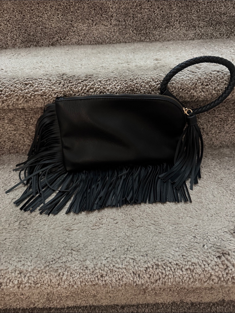 Black Fringe Wristlet Clutch with Braided Strap